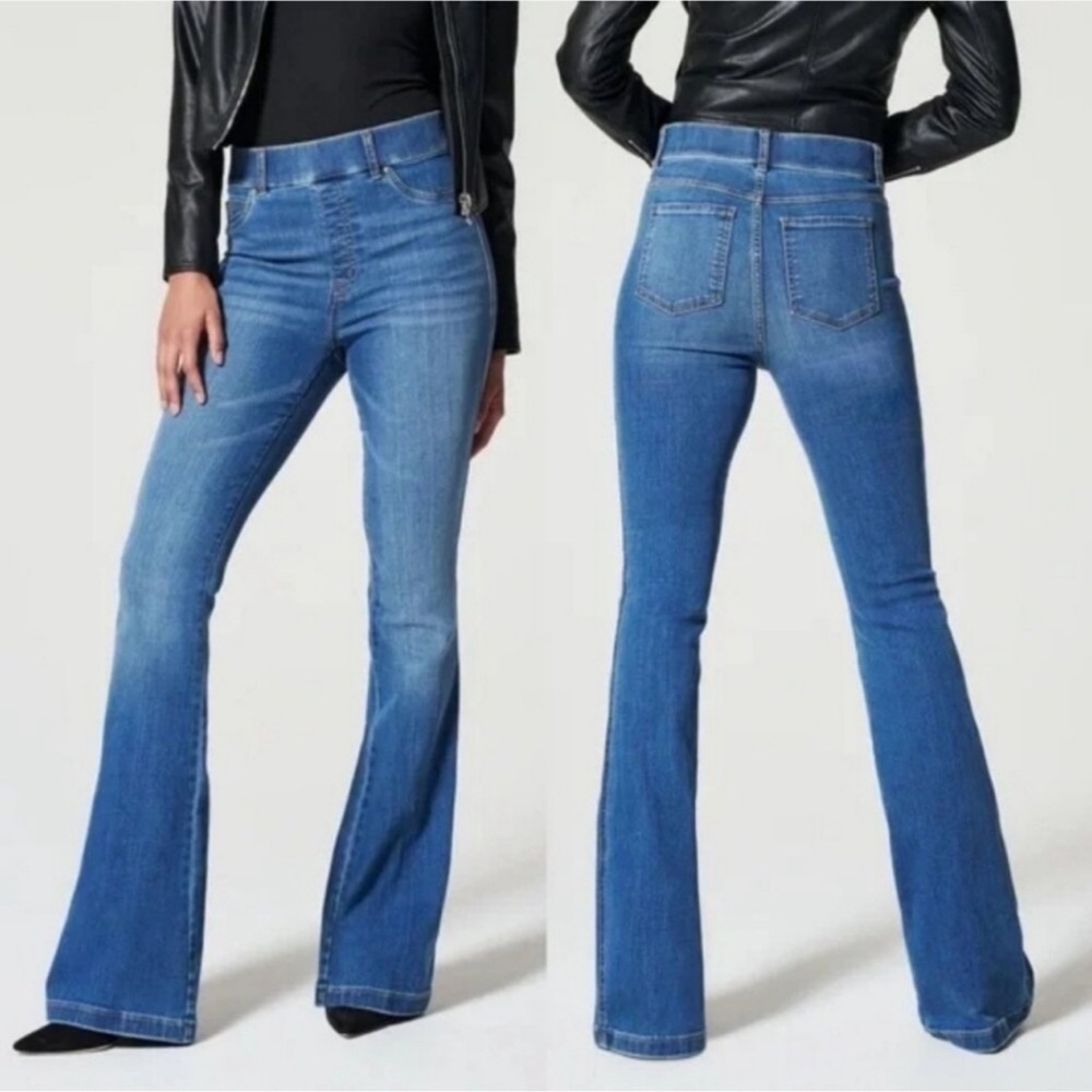 Spanx Flare Pull On Jeans Size 1X High Rise Stretch Vintage Indigo